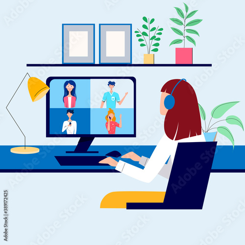 woman with headphones communicates via video communication. The woman is sitting at a work table. Remote work and distance concept. Vector illustration