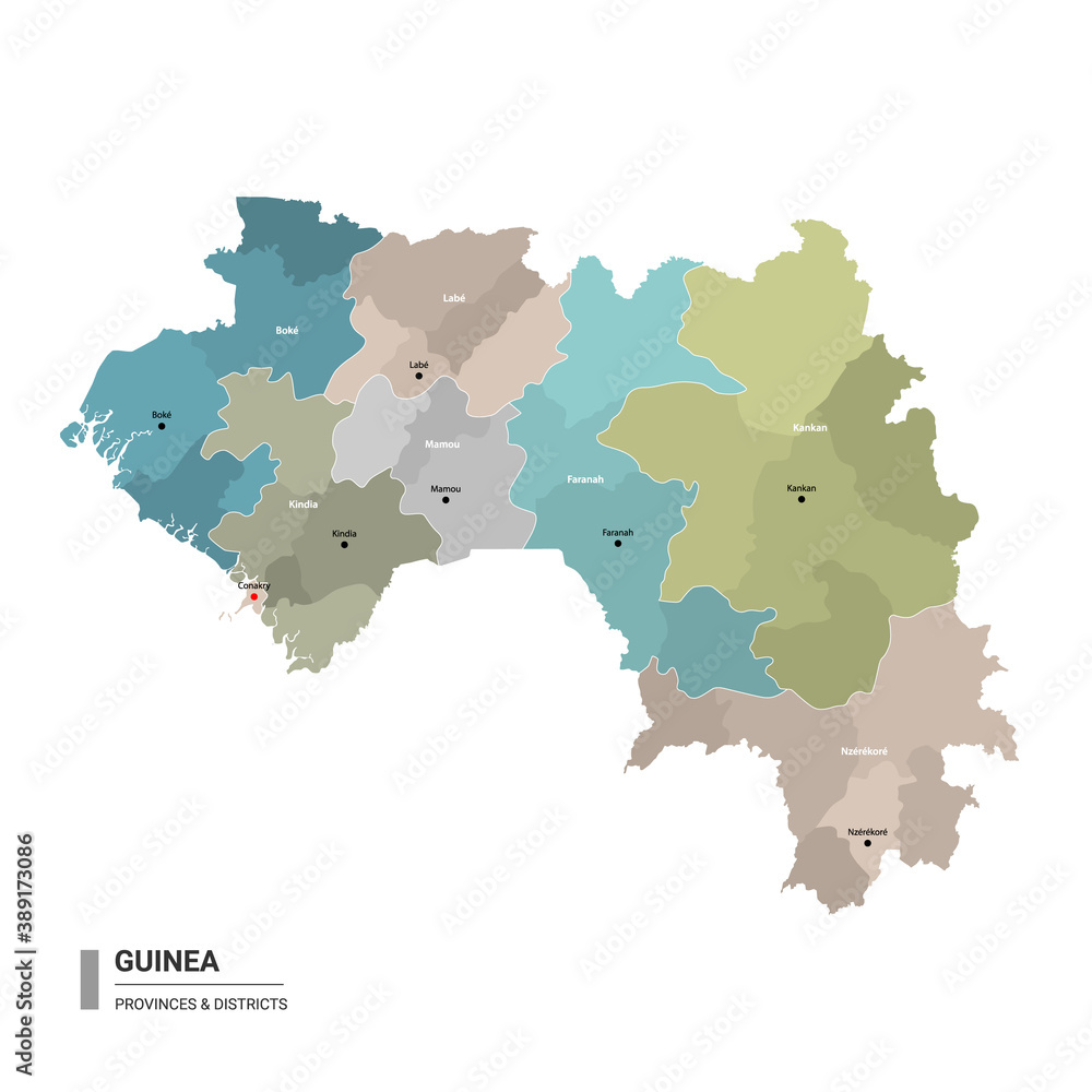 Guinea higt detailed map with subdivisions. Administrative map of Guinea with districts and cities name, colored by states and administrative districts. Vector illustration with editable and labelled 