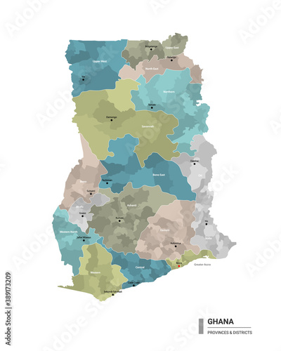 Ghana higt detailed map with subdivisions. Administrative map of Ghana with districts and cities name, colored by states and administrative districts. Vector illustration with editable and labelled la photo