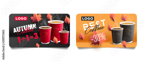 Set of promo discount cards with autumn leaves illustrations and coffe paper cups, offer of discount or 1 plus one equals 3, voucher template