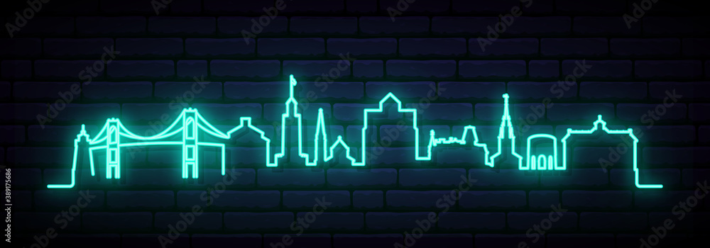 Blue neon skyline of Newport. Bright Newport City long banner. Vector illustration.