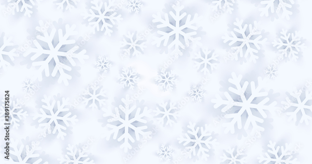 Background texture with white snowflakes on white backdrop, play of shadow on the 3d layers effect