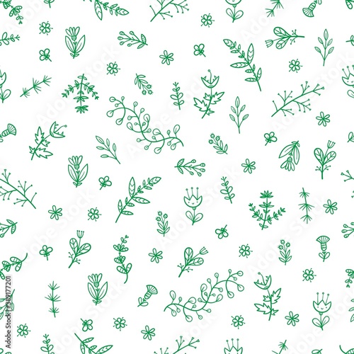 Seamless pattern with different plants and  flowers on  white background. Vector print with herbs. Botanical doodle wallpaper.