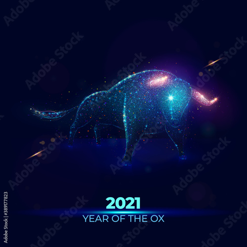 2021 Year of the Ox vector illustration made of neon particles. New 2021 year of the bull art in modern abstract style consists of colorful dots