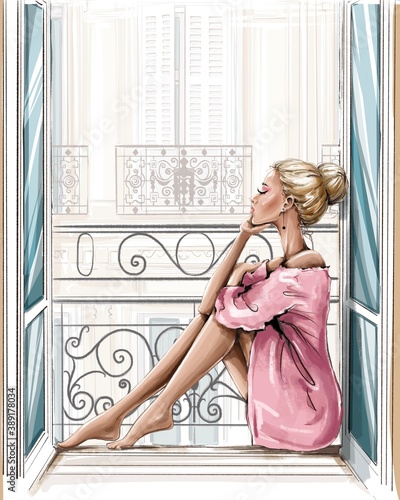 Tapety do Garderoby  beautiful-blonde-hair-woman-sitting-on-windowsill