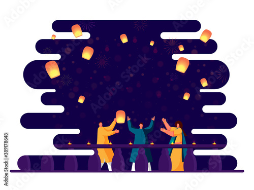 Cartoon People Enjoying with Sky Lanterns and Decorate Railing by Lit Oil Lamps on Abstract Background.