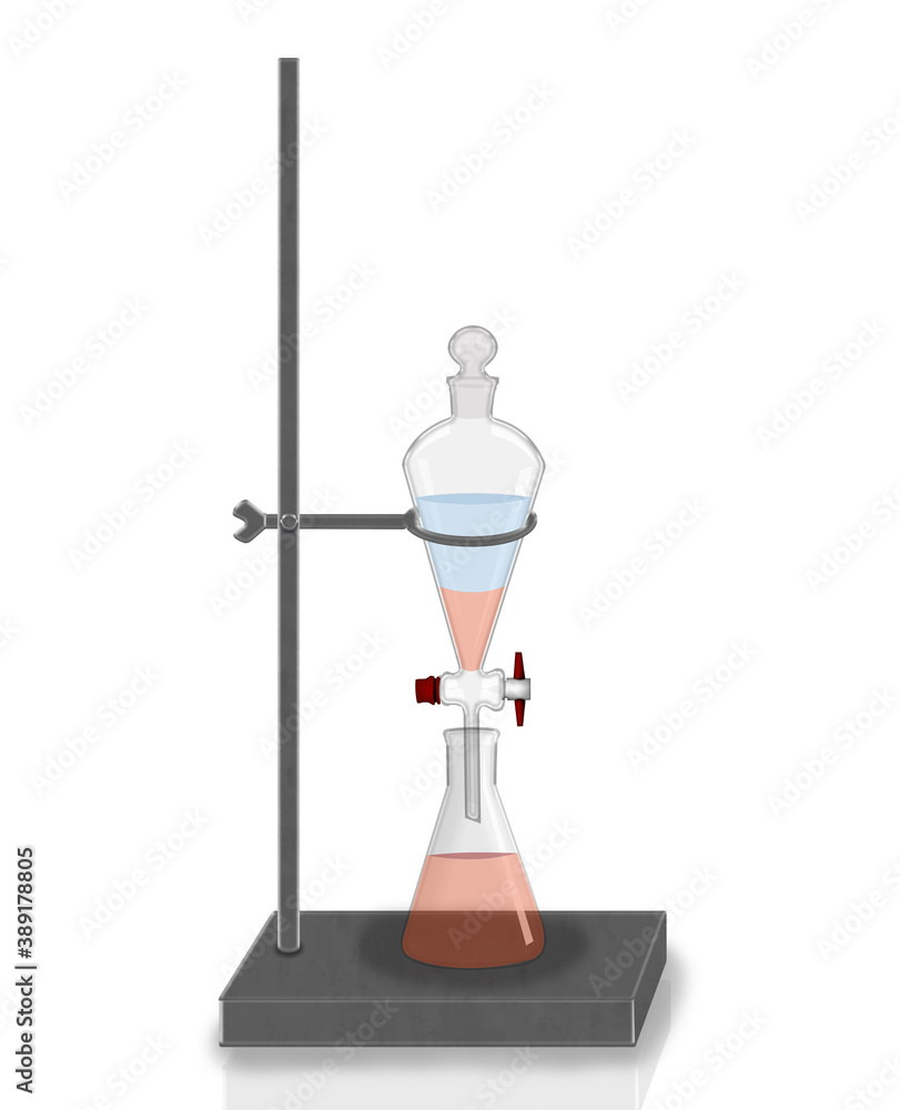 3d illustration separating funnel laboratory glassware used in liquid