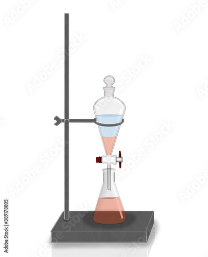 Quadro su tela 3d illustration separating funnel  laboratory glassware used in liquid-liquid ex