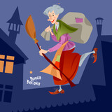 Buona Befana (happy Epiphany) Old woman with a bag of gifts and a broomstick walks on a roof of the house. Christmas in Italy.