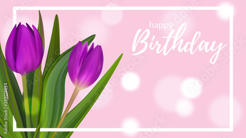 Fototapeta Naklejka Na Ścianę i Meble -  Happy Birthday tulips bouquet. Greeting card with cofetti, glitter. Banner vector text and present ballons gift happy card.