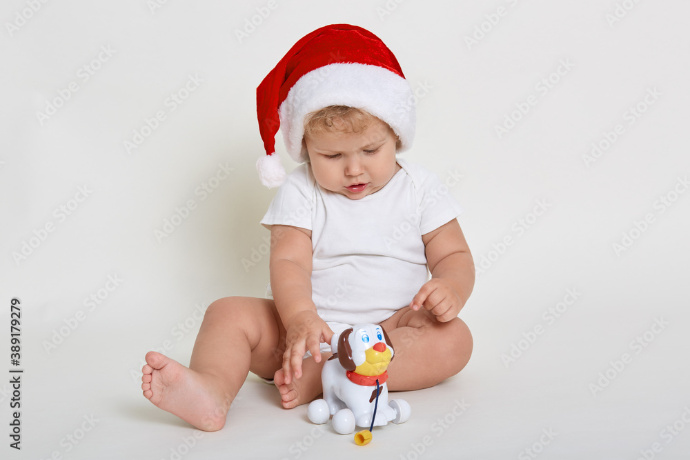Christmas portrait of charming little baby boy, wearing santa hat, playing with little cute plastic dog toy, infant studying new toy, toddler has present, looks at it with interest, wants to touch it. Christmas portrait of charming little baby boy, wearing santa hat, playing with little cute plastic dog toy, infant studying new toy, toddler has present, looks at it with interest, wants to touch it.
