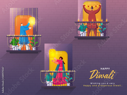 Cartoon Man And Woman Standing On Their Decorative Balcony For Happy Diwali Celebration.