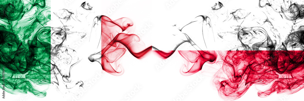 Fototapeta premium Italy vs Poland, Polish smoky mystic flags placed side by side. Thick colored silky abstract smoke flags