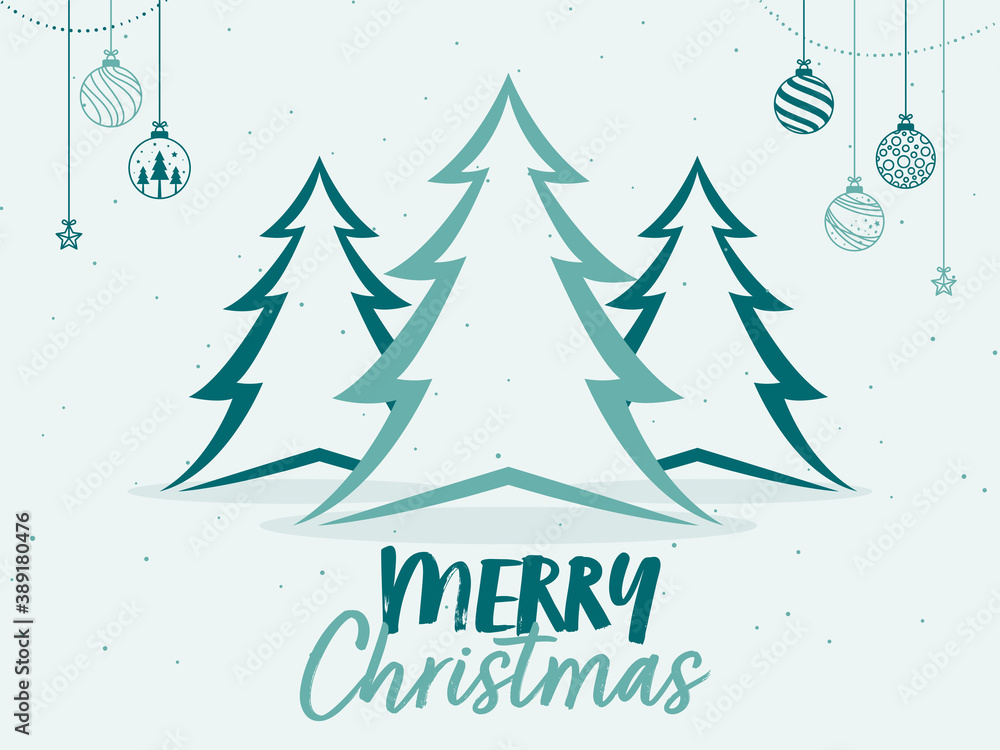 Merry Christmas Font Written By Teal Brush With Xmas Trees And Hanging Baubles On White Background. Merry Christmas Font Written By Teal Brush With Xmas Trees And Hanging Baubles On White Background.
