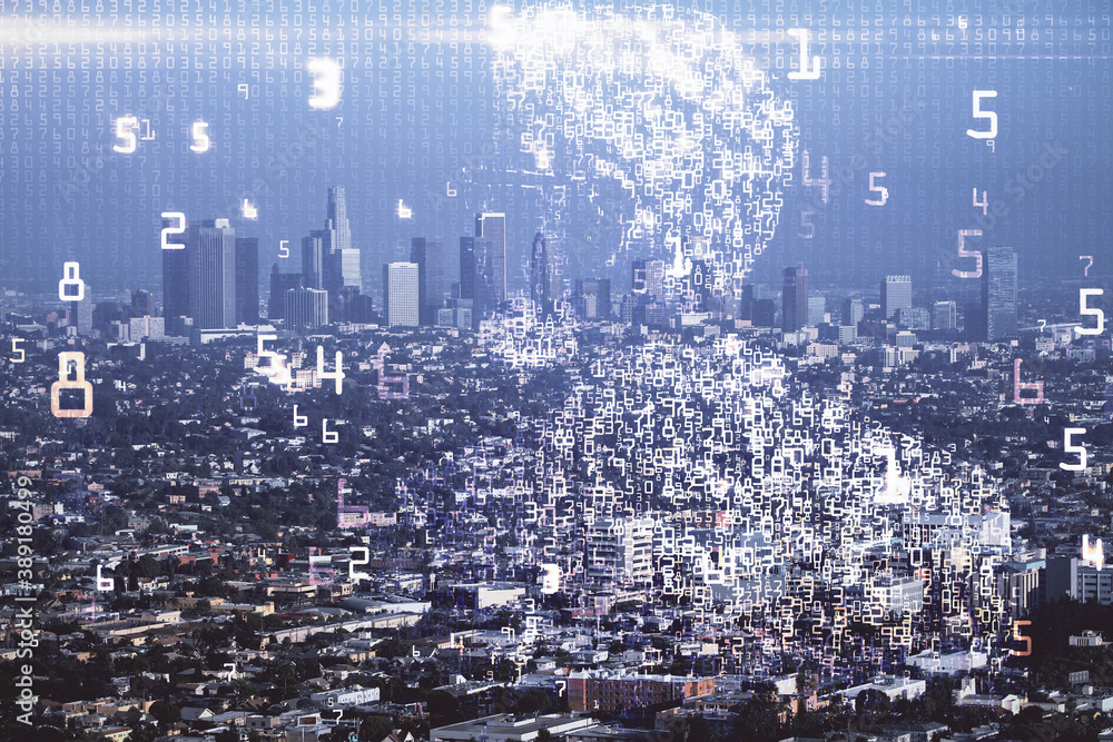 Naklejka premium Double exposure of technology theme hologram and cityscape background. Concept of Hightech.