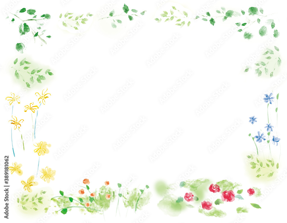 自然の花などの手描き水彩風フレーム　