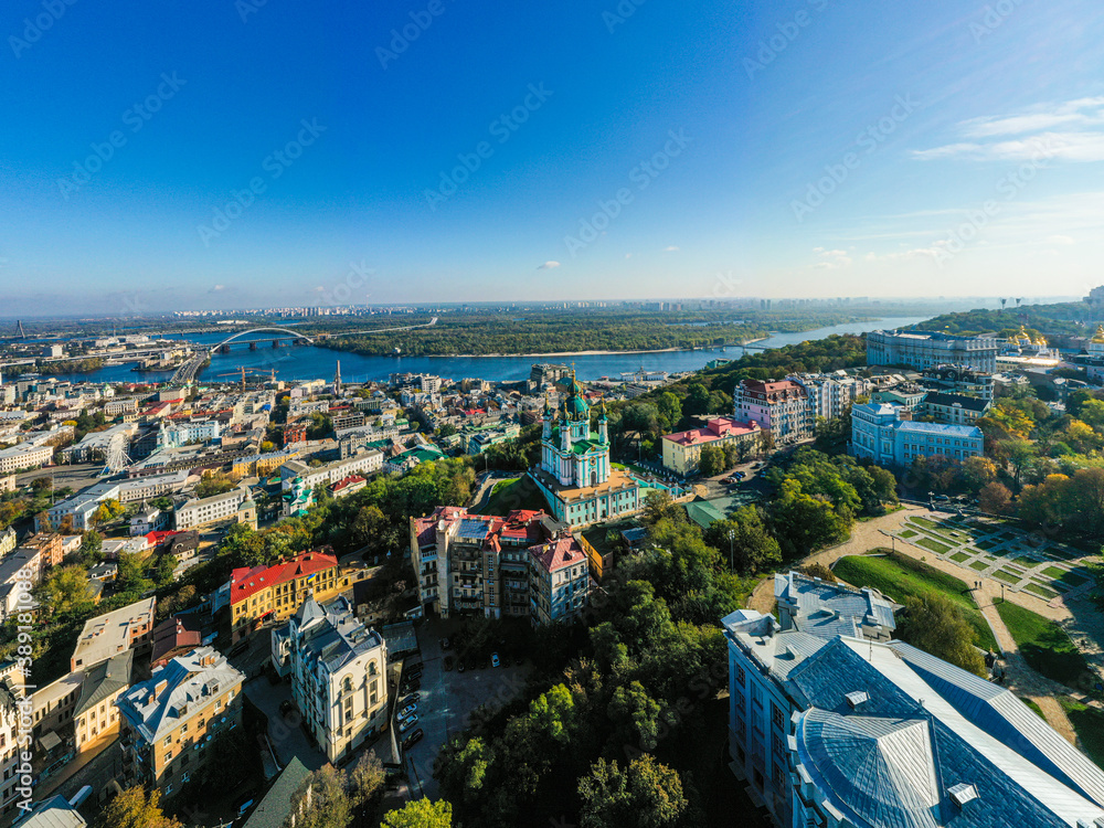 Aerial top view of Saint Andrew's church and Andreevska street from above city of Kyiv, Ukraine