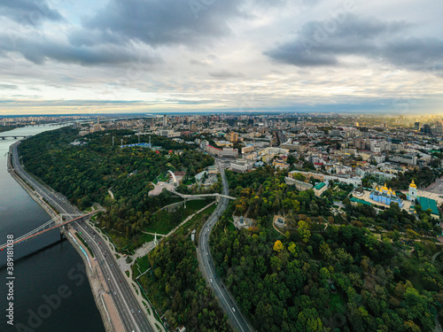 Aerial drone view of Pedestrian bridge in Kiev.