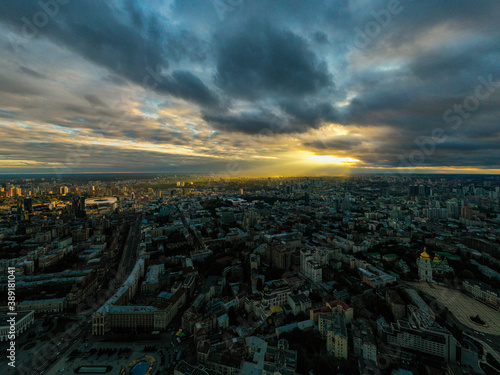 Aerial view of history city center with dramatic sky in Kiev.