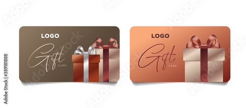 Set of gift vouchers with realistic gift box illustrations wraped in glossy metal paper with money award in dollars, promo discount