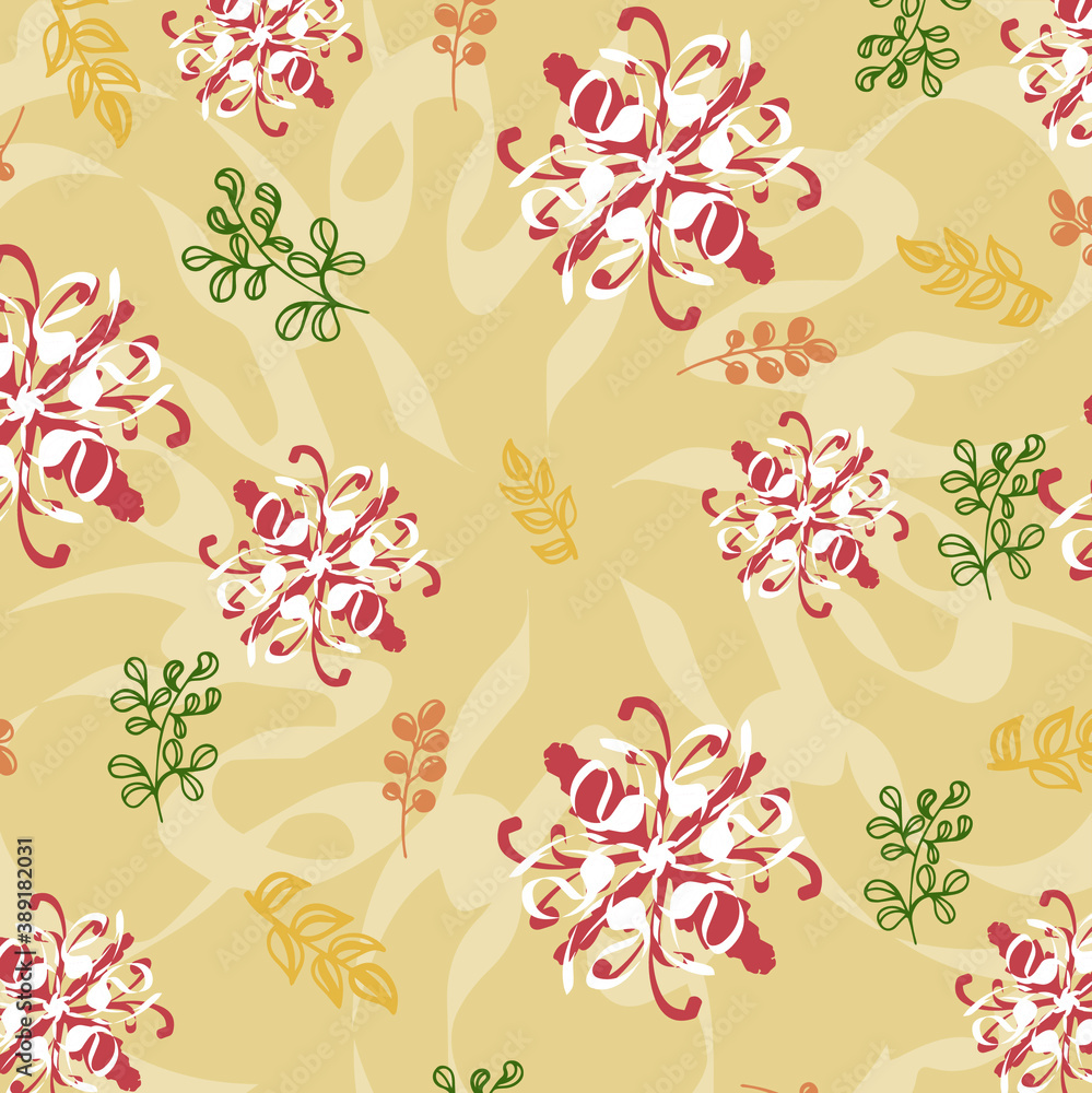 White and red abstract floral patterns on the orange background