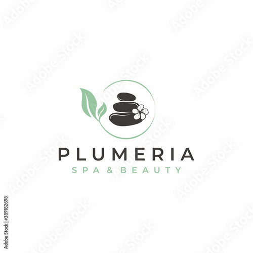 Circle Leaves Spa Stone With Plumeria, Frangipani Flower Logo Design Vector