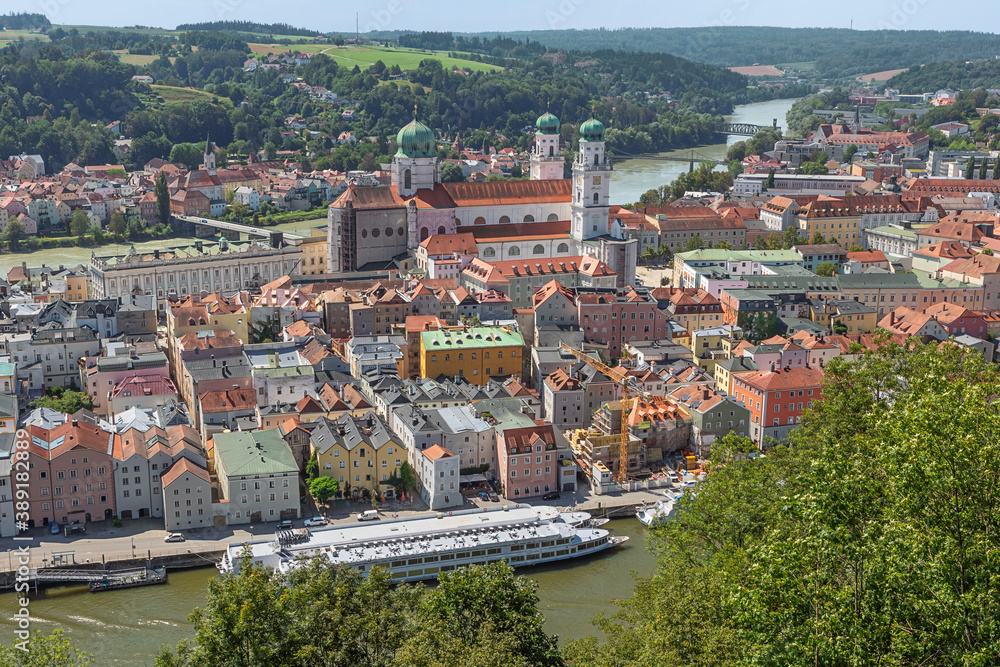 The old city of Passau with the Danube and the Inn seen from Veste Oberaus