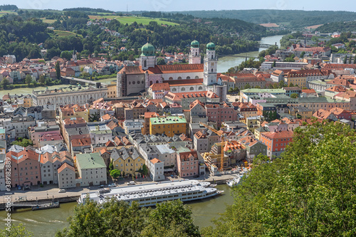 The old city of Passau with the Danube and the Inn seen from Veste Oberaus