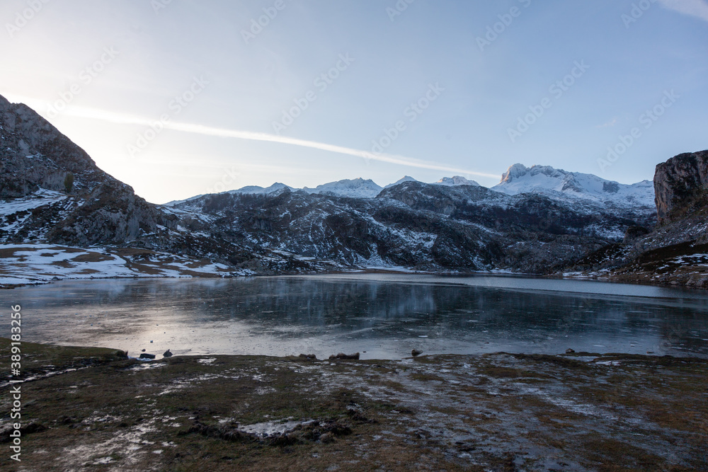 Fototapeta premium View of mountains landscape. Ercina mountain lake, Covadonga, National Park of Picos de Europa, Asturias, Spain