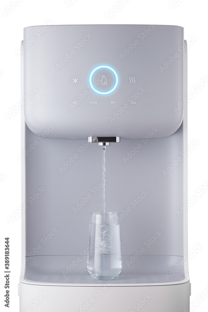 Modern technology concept. New water cooler format. A glass of pouring water. Touch panel with glowing indicator. Technological design. Modern technology concept. New water cooler format. A glass of pouring water. Touch panel with glowing indicator. Technological design.