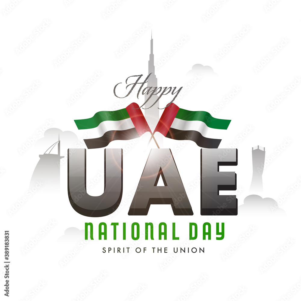 Spirit Of The Onion, National Day Celebration Poster Design With UAE Flags And Silhouette Famous Architecture On White Background.