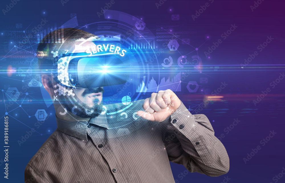 Businessman looking through Virtual Reality glasses with SERVERS inscription, innovative technology concept Businessman looking through Virtual Reality glasses with SERVERS inscription, innovative technology concept