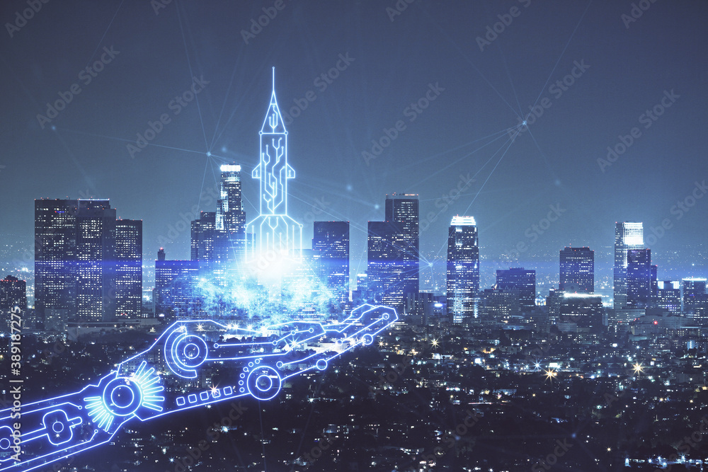 Double exposure of start up theme drawings over cityscape background. Concept of success.
