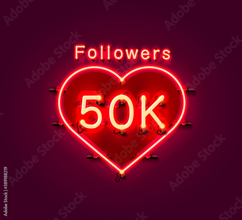 Thank you followers peoples, 50k online social group, neon happy banner celebrate, Vector