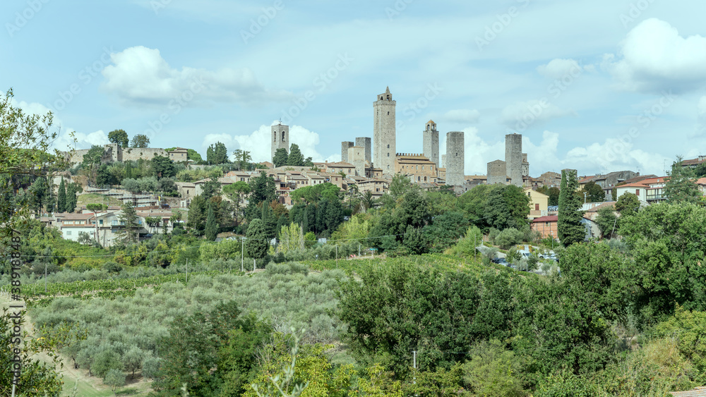 cityscape from south of San Gimignano historical village and towers, Siena, Italy