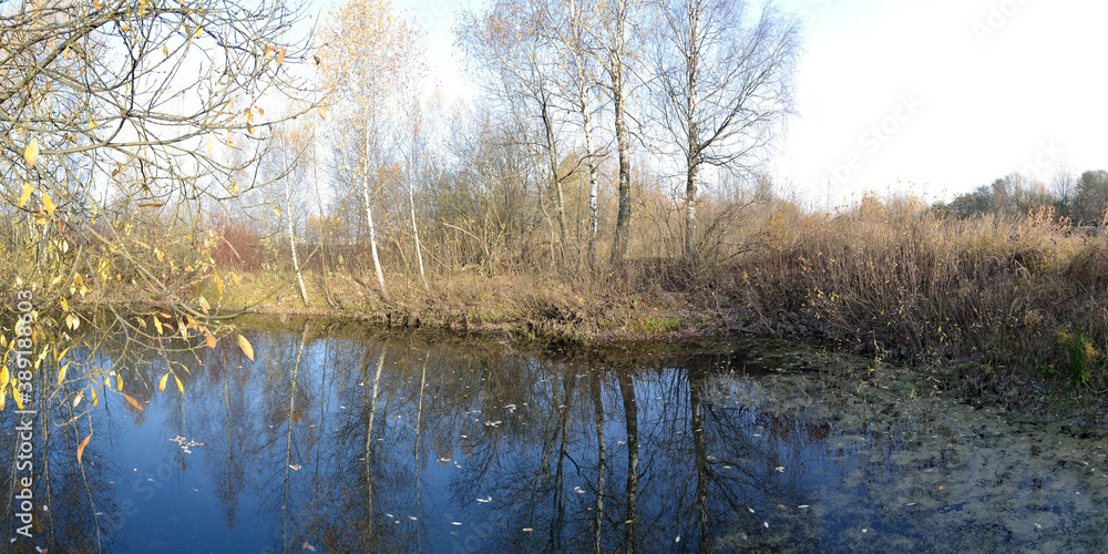 Fototapeta premium Autumn fishing on the pond, beautiful panorama.