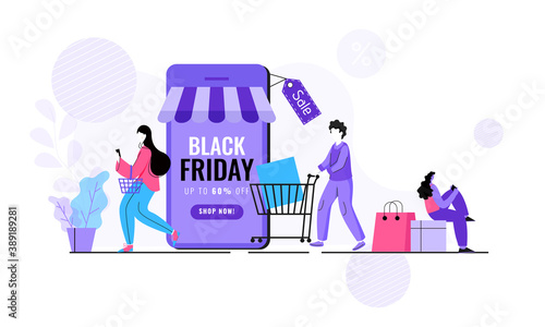 Black Friday Sale App in Smartphone with 60% Discount Offer and Customers Character on White Background.