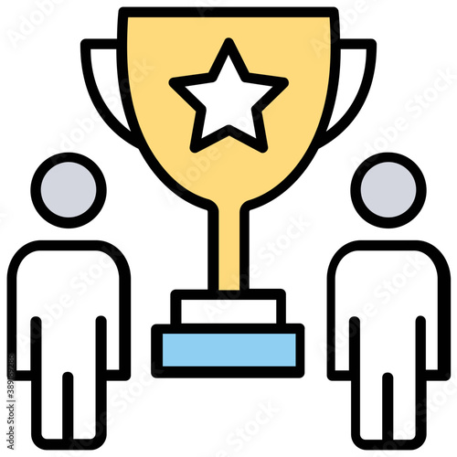 
A large award trophy and two male avatars standing beside symbolising business award 
