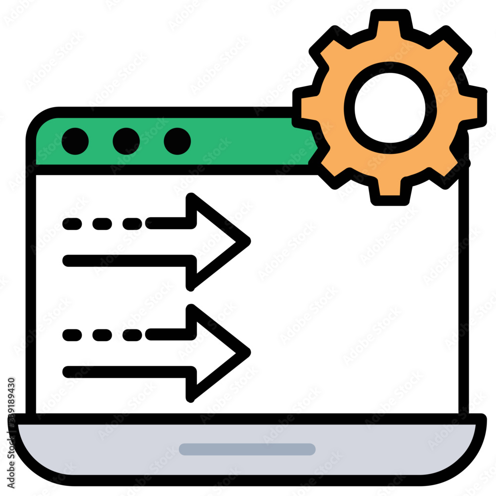 
Laptop screen forwarding arrows and a gear wheel on laptop symbolic of web development 
