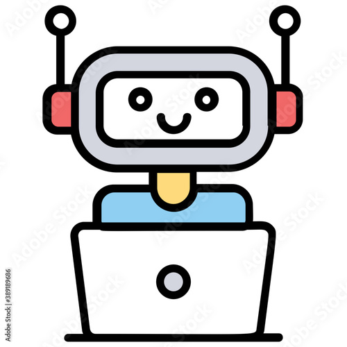 
A robot in front of laptop symbolising chatbot also known as a talkboat 

