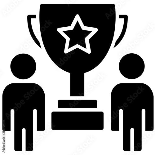 
A large award trophy and two male avatars standing beside symbolising business award 
