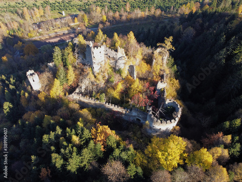 Aerial shot of the "Burgruine Reichenstein" during fall. © Nico