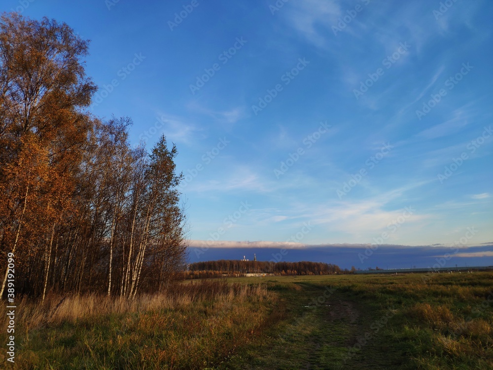 dramatic sky with clouds on the sunset, clouds like a wave with white foam, a wide field and autumn forest