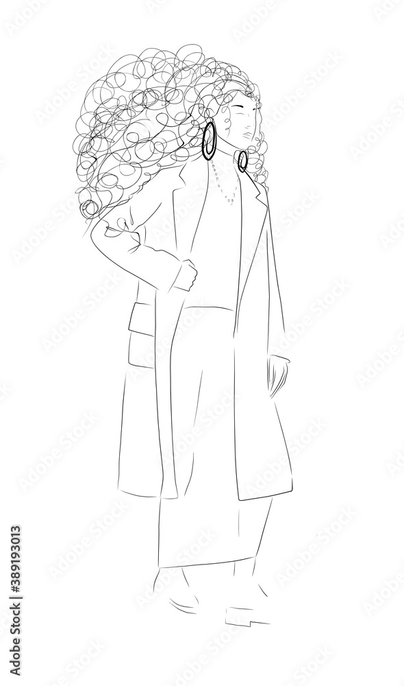 Woman black white isolated on white background. Modern style of clothing. Women in coats. Top Model. Fashion week. Trend illustration