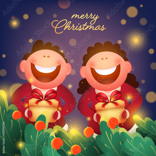 Cheerful Kids Holding Gift Box with Green Leaves and Red Berry on Blue Bokeh Background for Merry Christmas Celebration.
