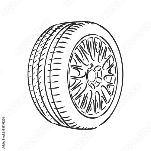 Car wheel vector sketch icon isolated on background. Hand drawn car wheel, vector sketch illustration