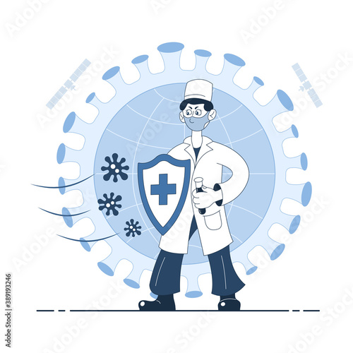 A doctor with a shield protects the globe from the coronavirus