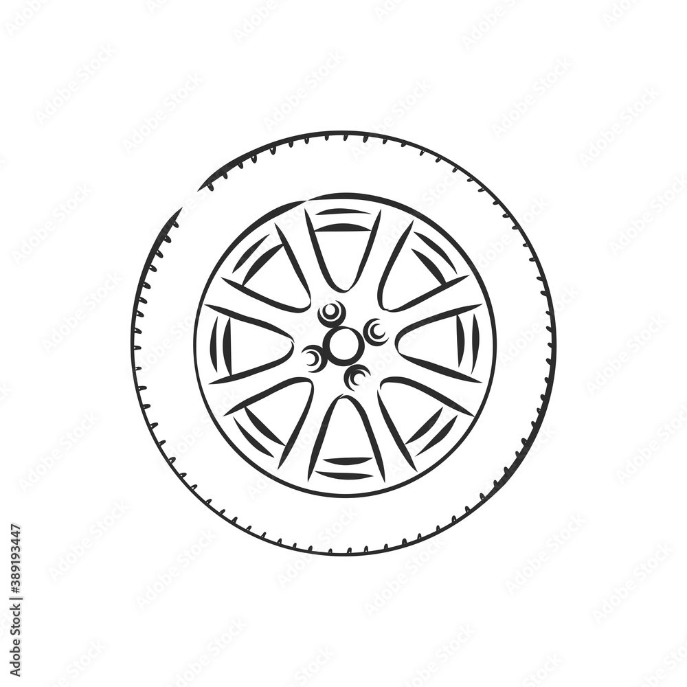 Car wheel vector sketch icon isolated on background. Hand drawn car wheel, vector sketch illustration