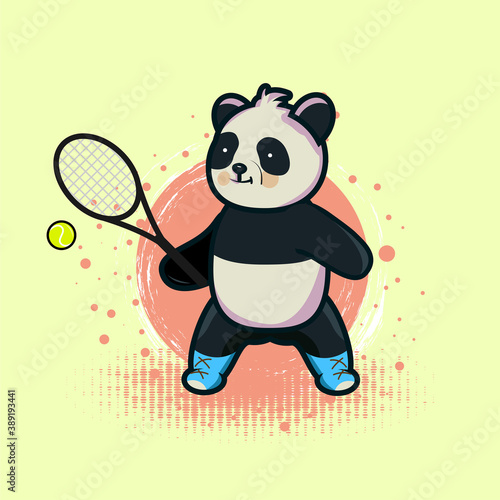 Cute Panda vector illustration.Playing tennis