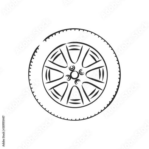 Car wheel vector sketch icon isolated on background. Hand drawn car wheel, vector sketch illustration